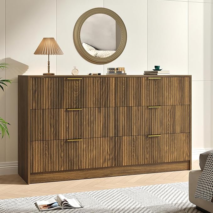 Walnut 6 Drawer Dresser Bedroom,55” Wide Fluted Dresser Wood with Gold Handles,Mid Century Wooden Chest of Drawer for Closet,Bedroom,Living Room,Walnut