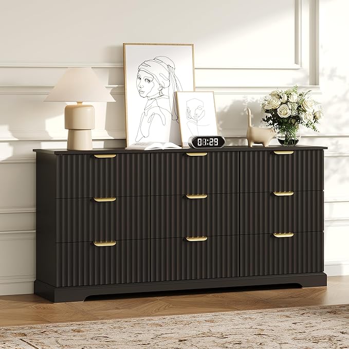 Fluted Dresser with 9 Drawers for Bedroom, 63" Wide Dresser with Metal Handle, Wooden Chest of Drawers for Bedroom, Living Room, Entryway, Black