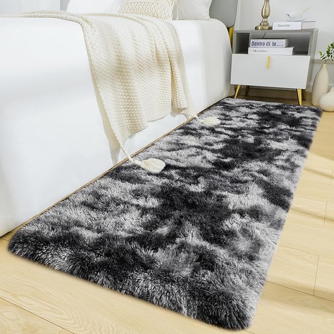 BENRON Soft Runner Rugs for Bedroom 2x6, Washable Long Runners for Hallway Entryway Kitchen Dorm, Fluffy Throw Rug for Kids Girls Room Decor Photo Prop, Tie-dye Black