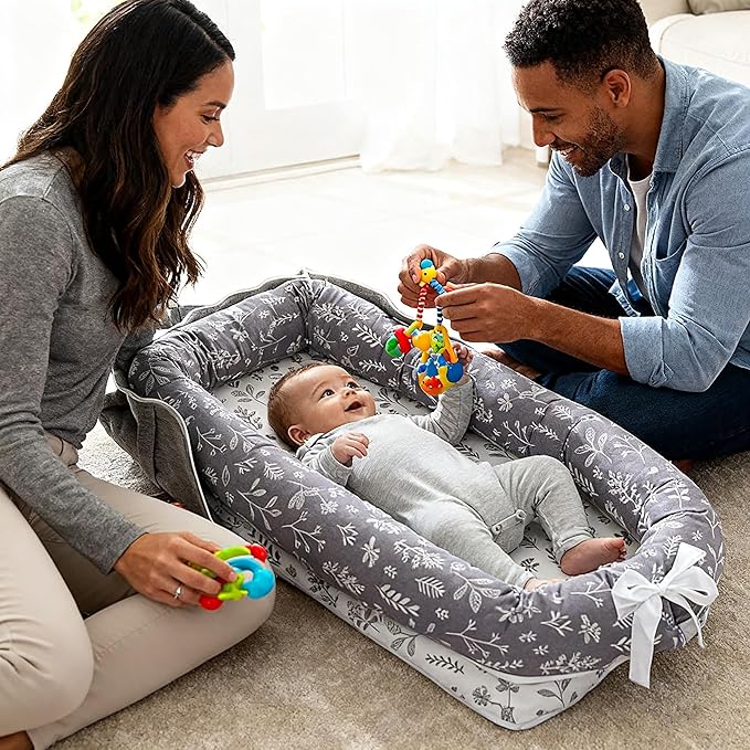 Baby Lounger for Newborn Portable Bag,Baby Play Mat Tummy Time with Strap,Awake-Time Pad Newborn Lounger Adjustable to 0-24 Months Home Travel(Ghostly Grass from Birth)