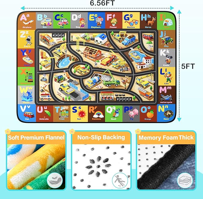 Construction Site Play Rug 5x7FT Car Rug for Kids Toy Cars Non-Slip Car Carpet Baby Play Mat for Floor Washable ABC Alphabet Playroom Nursery Preschool Daycare Classroom Carpet