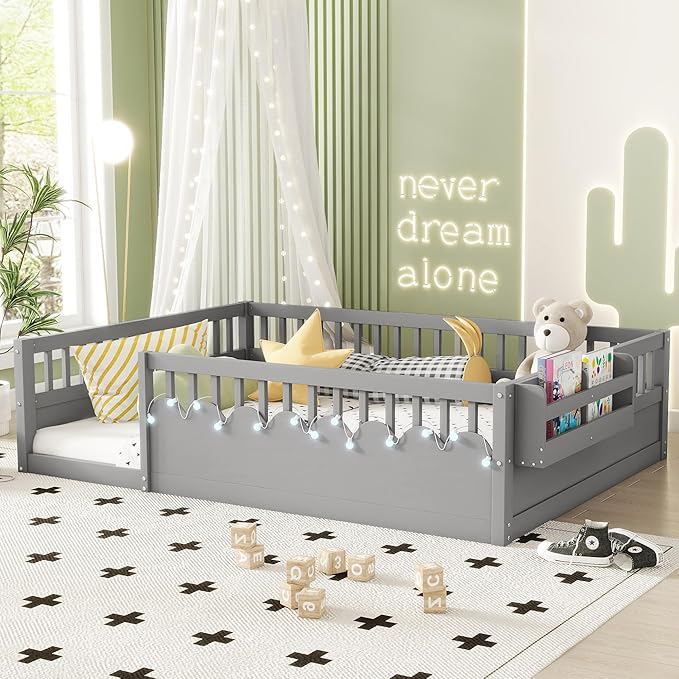 Full Toddler Floor Bed with High Rails, Wooden Montessori Bed Frame with Light and Storage Shelf, Full Size Bed Frame for Kids, Boys and Girls, Grey