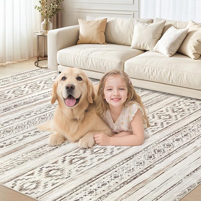 Area Rugs for Living Room Washable Living Room Rug Soft Neutral Indoor Floor Carpet Non-Slip Stain Resistant Modern Boho Rugs for Bedroom Dining Room Kids Room Nursery Office Home Cream Brown