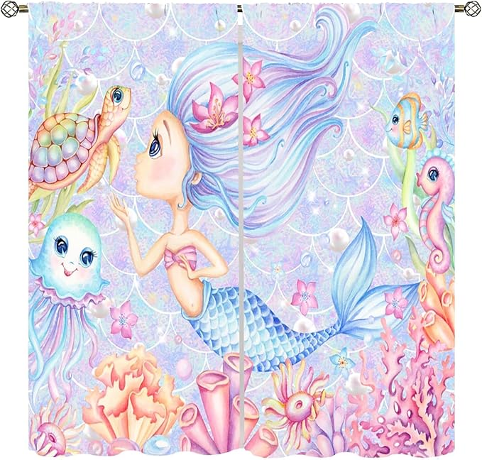 Mermaid Curtains for Girls Children Pink Sea Animal Mermaid Coral Bedroom Curtains for Living Room Room 84x84 Inch