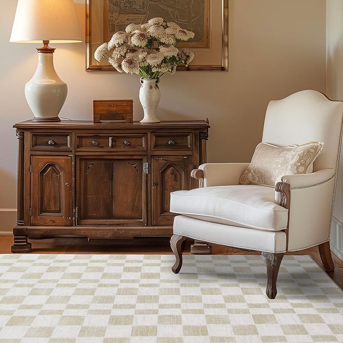 EverGrace Checkered Plaid Area Rug 4x6, Soft Fuzzy Faux Wool Rugs Washable Anti Slip Rugs Large Rug Carpet for Entryway Bedroom Living Room Hallway Kitchen Dining Room and Laundry Room, Beige