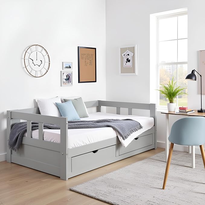 Alaterre Furniture Melody Twin to King Extendable Daybed with Trundle and Storage Drawers – Solid Brazilian Pine Wood with 400lb Capacity for Kids, Guest, or Small Bedroom (Dove Gray)