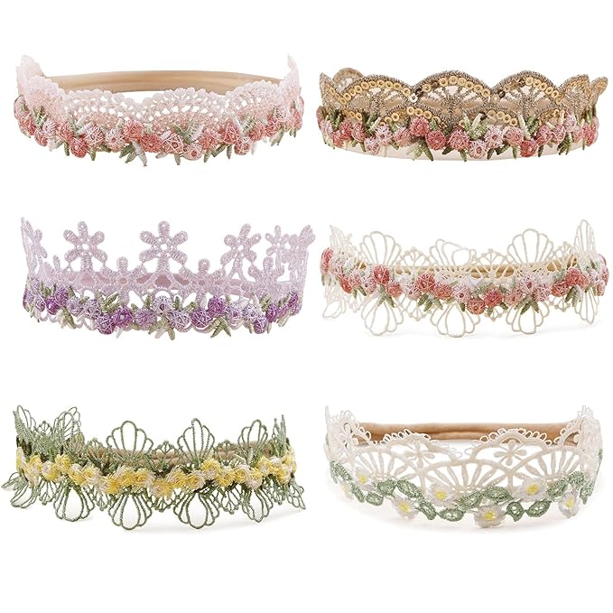 cherrboll Baby Flower Bows Headbands 6pcs Floral Hair Wraps Nylon Hairbands Crown Newborn Infant Toddler Hair Accessories