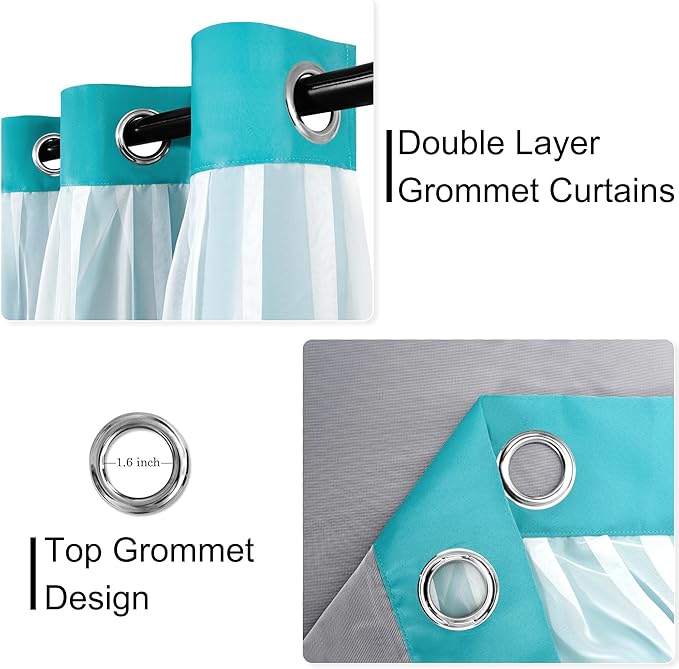 XWZO 100% Blackout Curtains with Sheer Overlay, Double Panel Grommet Thermal Insulated Privacy Curtains with Black Liner for Bedroom, Living Room, 2 Panels with Tiebacks, 52x96, Turquoise
