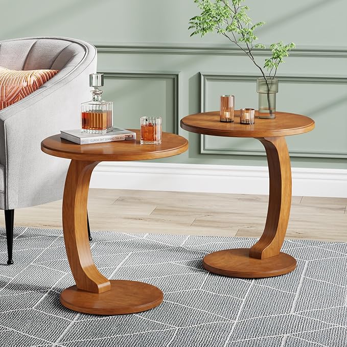 Tribesigns Small Round End Table for Living Room, C-Shaped Sofa Side Table for Couch, Retro Boho Bedside Nightstand, Brown
