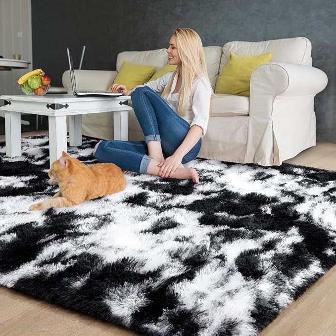 EVOIONOS Area Rug for Bedroom Living Room, Machine Washable 4x6 Fluffy Shag Rug, Soft Plush Non Slip Carpet for Indoor Floor Bedside Nursery Kids Room, Home Decor Aesthetic, Tie-Dyed Black and White