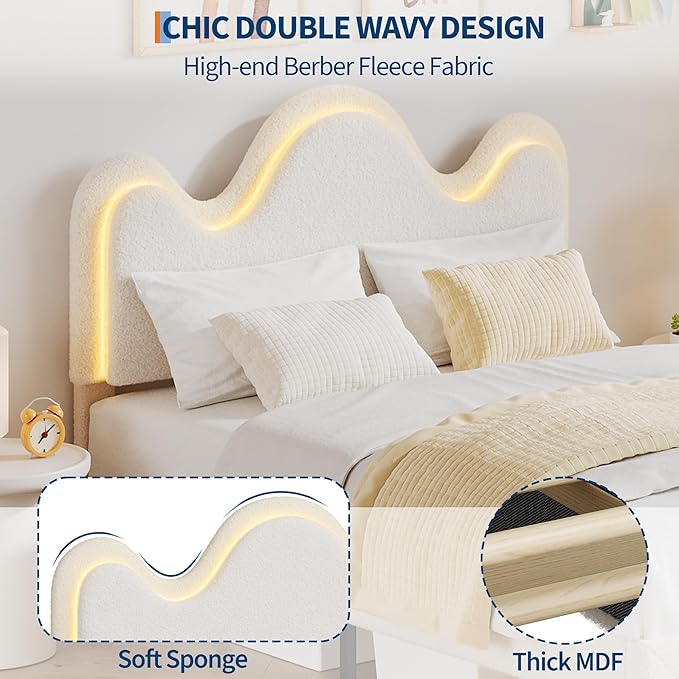 IDEALHOUSE Full Bed Frame with LED Headboard and Under-Bed Drawer, Metal Upholstered Platform Bed with LED Light for Kids, Girls, Lamb Fleece Fabric, Wooden Slats Support, No Box Spring Needed, White