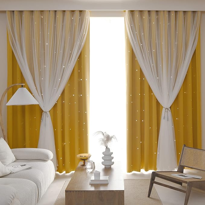 Kinryb Kids Blackout Curtains for Bedroom/Living Room/Classroom, Sheer Overlay 95 Inches 2 Panel Set, Double Layer Curtains with Star Cutout for Kids Room(W 52 x L 95 Inches,Yellow 2 Pcs)