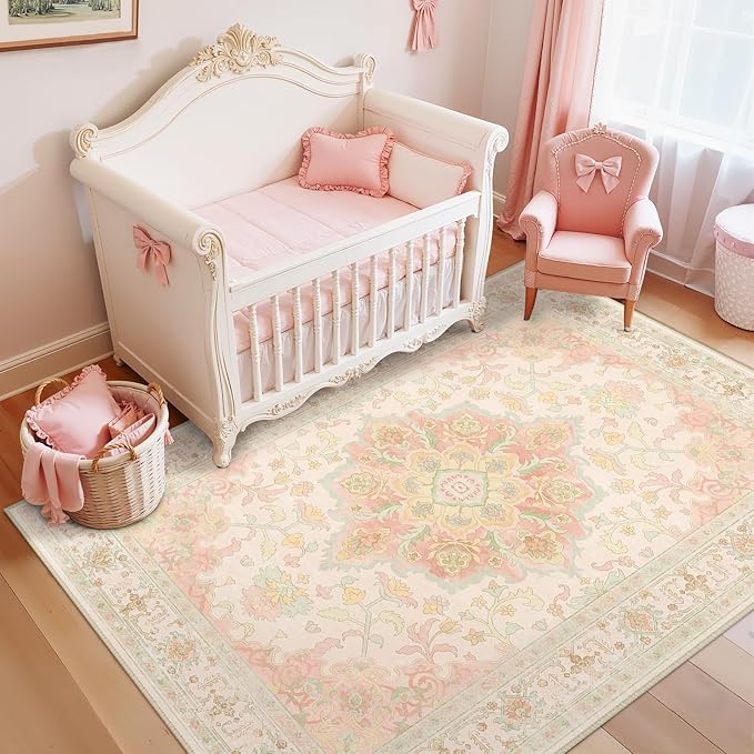 Machine Washable Rugs Nursery Rug 4x6 Cute Girl Non Slip Low Pile Water Repellent Soft Print Pattern for Bedroom Indoor Decor Kids Playroom Pinkgreen