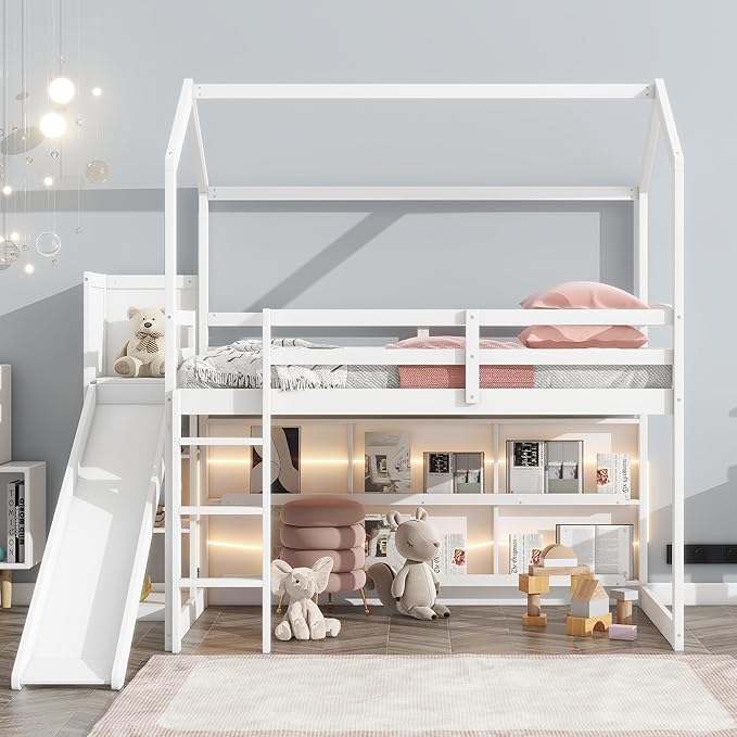 Flieks Twin Size Wood House Loft Bed Frame for Boys Girls Kids Adults Toddler with Slide, Storage Shelves and Light, White