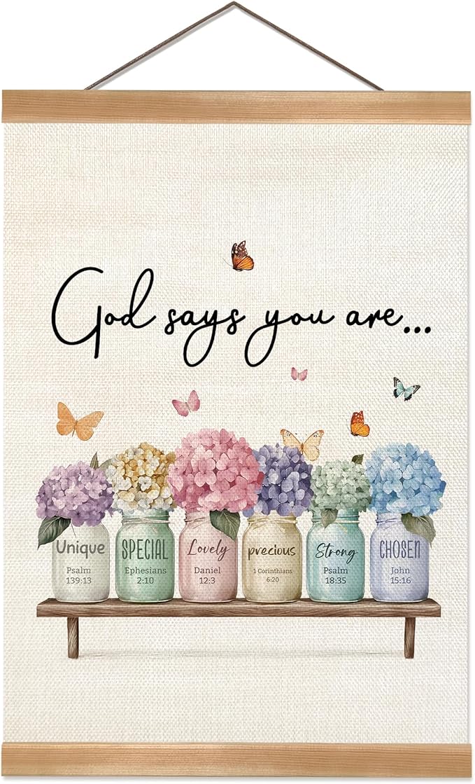 God Says You Are Wall Art Poster,Positive Christian Bible Verse Linen Canvas Hanging Poster,Inspirational Religious Wall Decor for Graduation,Birthday Gift,Bedroom, or Church 12x16 In (God-says)
