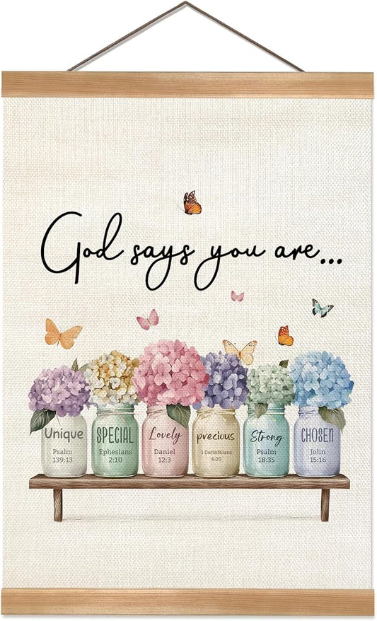 God Says You Are Wall Art Poster,Positive Christian Bible Verse Linen Canvas Hanging Poster,Inspirational Religious Wall Decor for Graduation,Birthday Gift,Bedroom, or Church 12x16 In (God-says)