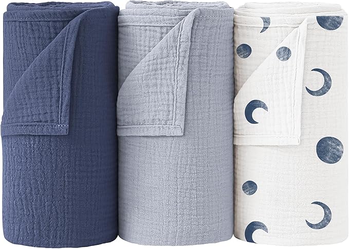 Bearmoss Muslin Swaddle Blankets, 40 x 38 inches Baby Swaddle for Boys and Girls, Soft Baby Blanket, 3 Pack Breathable Nursery Receiving Blankets (Bluemoon)