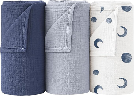 Bearmoss Muslin Swaddle Blankets, 40 x 38 inches Baby Swaddle for Boys and Girls, Soft Baby Blanket, 3 Pack Breathable Nursery Receiving Blankets (Bluemoon)