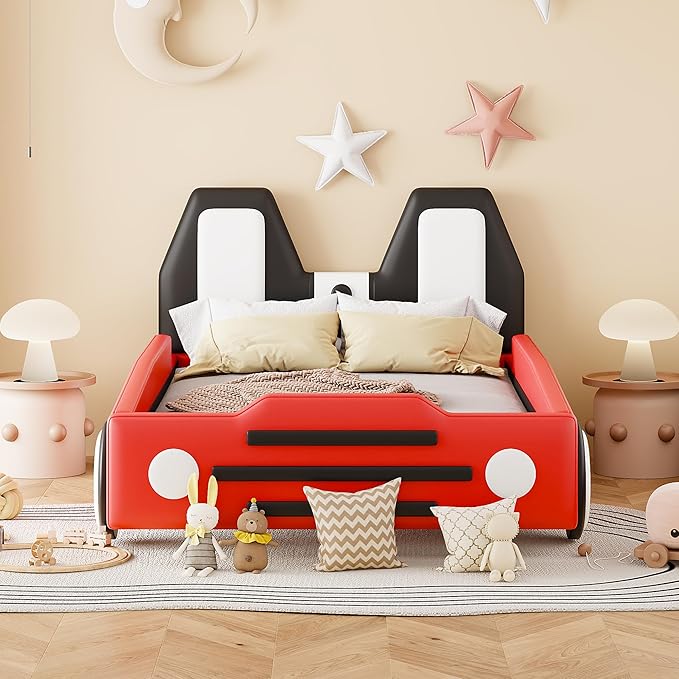 Twin Size Race Car Bed for Kids, PU Car-Shaped Bedframe with Wheels and Side Rails for Boys,Girls, Wood Slat Support, No Box Spring Needed,White