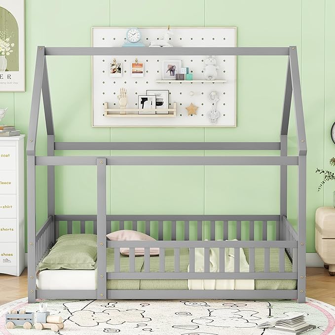 Bellemave Full Size House Bed Frame for Kids,Full Floor Bed,Wooden Montessori Floor Bed with Fence and Roof,Full Kids Bed Frame for Girls,Boys,Gray