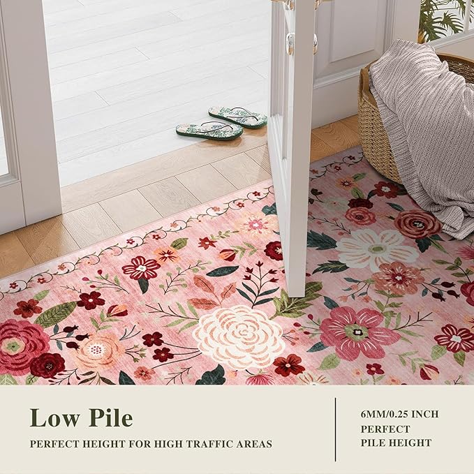 6x9 Washable Area Rug for Living Room, Floral Non-Slip Non-Shedding & Easy Care, Soft Low Pile Vintage Indoor Floor Carpet for Living Room, Bedroom, Farmhouse, Dining Room, Kids Playroom, Pink