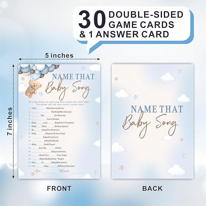 30 Name That Baby Song Game Cards For Baby Shower Game & Activity - Bear & Balloons - Mommy Or Daddy Double-Sided Fill In Game Cards, Gender Reveal Game For Baby Shower Party Favors & Decorations-C01