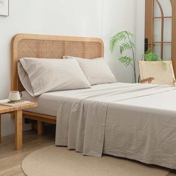 BESTOUCH Sheet Set 100% Washed Cotton Linen Feel Super Soft Comfortable Chic Lightweight 3 Pcs Home Bedding Set Solid Linen Grey Twin