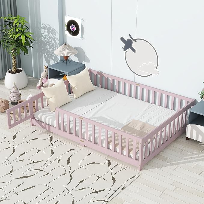 Full Size Floor Bed for Kids, Wood Montessori Floor Beds with Fence Railings, Door & Slats Support, Full Playhouse Bed Frame for Boys Girls, No Box Spring Needed, Pink