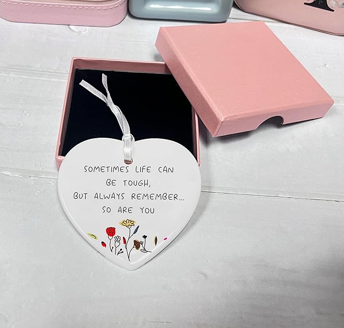 Heart Shaped Christmas Ornament-Encouragement Motivational Sympathy Gift-Get Well Soon Condolence Cheer Up Present-Sometimes Life Can Be Tough Double-Sided Ceramic Decor