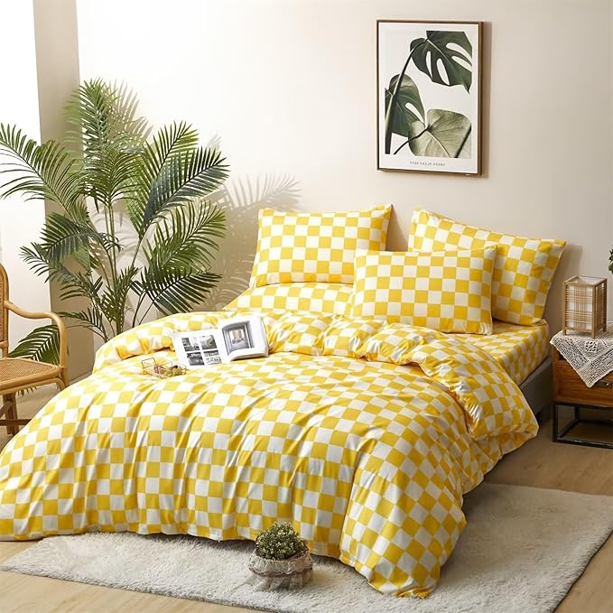 Houseri Yellow White Plaid Duvet Cover Twin Size Girls Boys Kids Light Yellow Checkerboard Dorm Duvet Covers Twin Bright Yellow Buffalo Checkered Grid Bedding Soft Comfy Gingham Duvet Cover Set Twin
