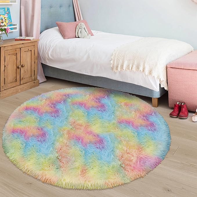 4x4 ft Rainbow Fluffy Round Rug for Girls Bedroom,Colorful Soft Shaggy Circular Area Rug Kids Cute Fuzzy Carpet Furry for LivingRoom Nursery Dorm Playroom Room Unicorn Decor Reading Nook Mat