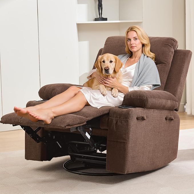 Recliner Chair Nursery, Oversized Manual Reclining Rocking Chair, 360 Swivel Glider with Cup Holder, Massage and Heat Recliner, Indoor Small Single Sofa Chairs for Adults, RV, Bedroom, Linen Brown
