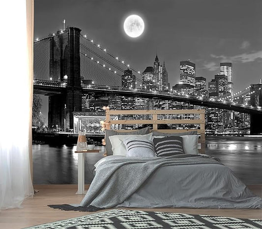 XMPMBM-Grey City Night View The Moon Nursery Room Fabric Wallpaper Living Room Bedroom Bathroom Wall Mural-W 132" X H 92"（93 Square Foot）