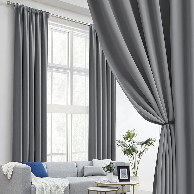 DUALIFE Gray Extra Long Curtains 108 Inch Length,Back Tab and Rod Pocket Thermal Insulated Blackout Curtains 52W x 108L, Grey, 2 Panels