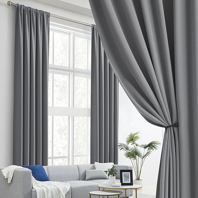 DUALIFE Medium Grey Blackout Curtains 102 Inches Long 2 Panels Set, Back Tab and Rod Pocket Curtains Drapes for Bedroom, Thermal Insulated Curtains for Hall, Villa,52W x 102L