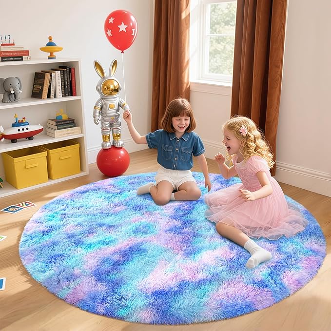 Rainbow Round Rug for Bedroom, 4Ft Fluffy Circle Area Rugs for Living Room, Shag Fuzzy Carpet for Kids Room, Nursery, Dorm, Classroom, Teen, Cute Baby Play Mat Home Decor Aesthetic, Blue