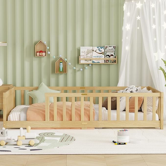 Twin Size Floor Bed for Kids, Wood Montessori Floor Beds with Fence Railings and Slats Support, Twin Playhouse Bed Frame for Boys Girls, No Box Spring Needed, Natural
