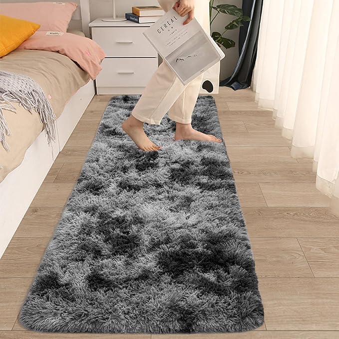 2x6 Fluffy Soft Runner Rug for Bedroom Living Room, Dark Grey and Black Carpet Runners for Hallways Non-Slip Shaggy Bedside Long Rug, Fuzzy Shag Bedroom Runner for Kids Room Dorm Nursery