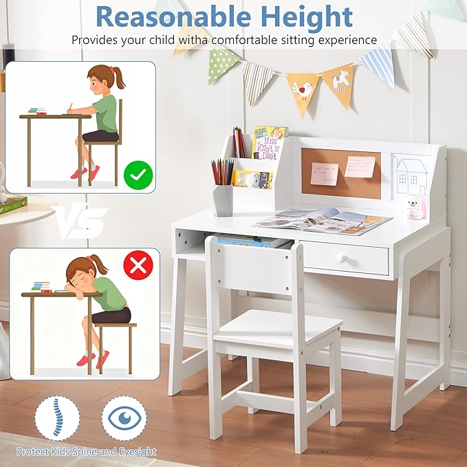 Kids Study Desk and Chair Set, Student Table and Chair Set with Storage Shelf, Wooden Kids Desk with Hutch, Children Writing Table for Home School