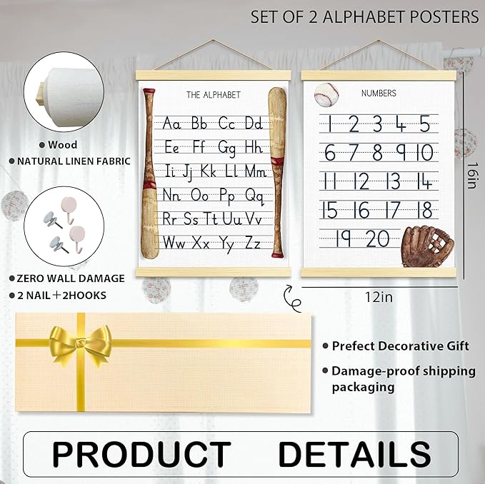 Buildinest Numbers Abc Wall Chart for Toddler Learning Posters, Nursery Wall Decor Playroom Wall Decor and Alphabet Banner,Preschool &Homeschool Wooden Alphabet Poster For Toddlers-B02