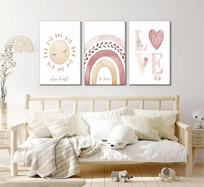 3 Pcs Nursery Canvas Wall Art Pink Sun Rainbow Hearts Posters Prints Boho Kids Room Pictures Wall Decor for Toddlers Children Baby Girl Bedroom Home Decoration