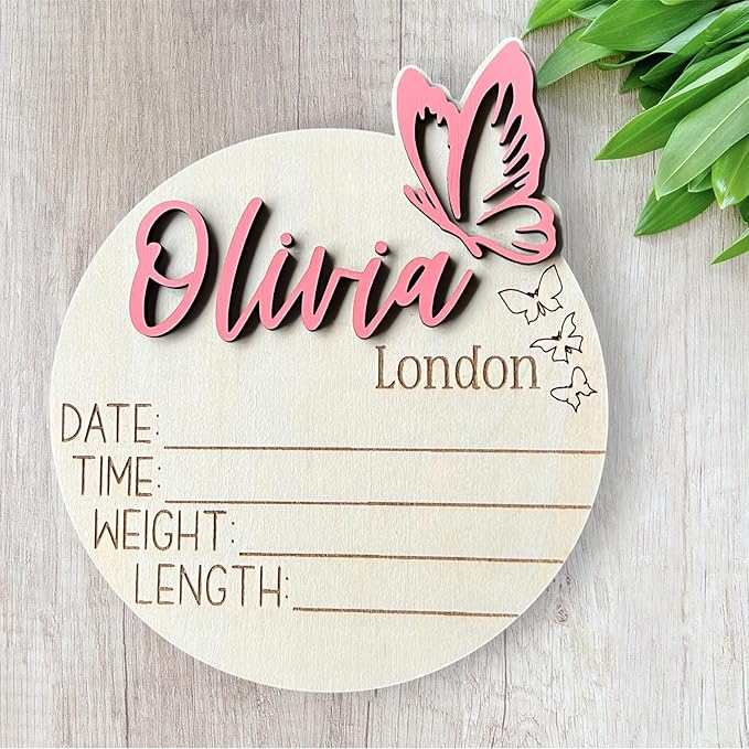 Personalized 3D Butterfly Birth Announcement Sign, Wooden Name sign, Hospital Photo prop Baby Name Reveal (Butterfly Right (3 engraved))