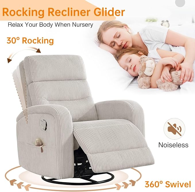 Swivel Recliner Chair for Adult, Upholstered Rocker Recliner Glider for Nursery, Manual Comfort Rocking Recliners for Living Room, Bedroom, Corduroy Camel