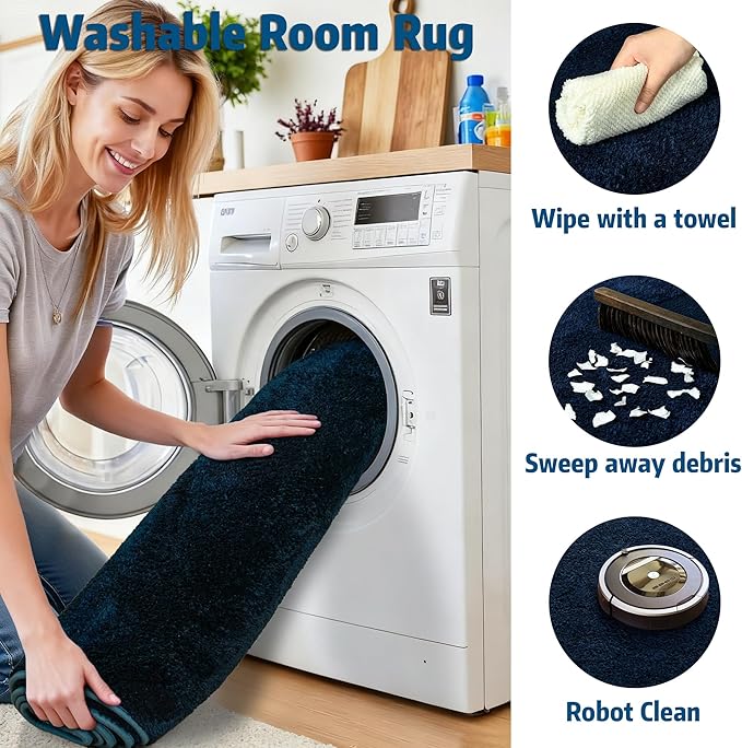 Chicrug 2x6 Minimalist Washable Runner Rugs for Bedroom Hallway, Modern Soft Memory Foam Rug for Kids Nursery, Low Plie Indoor Runner Carpet for Dorm Kitchen Bedside Living Room Decor, Navy Blue