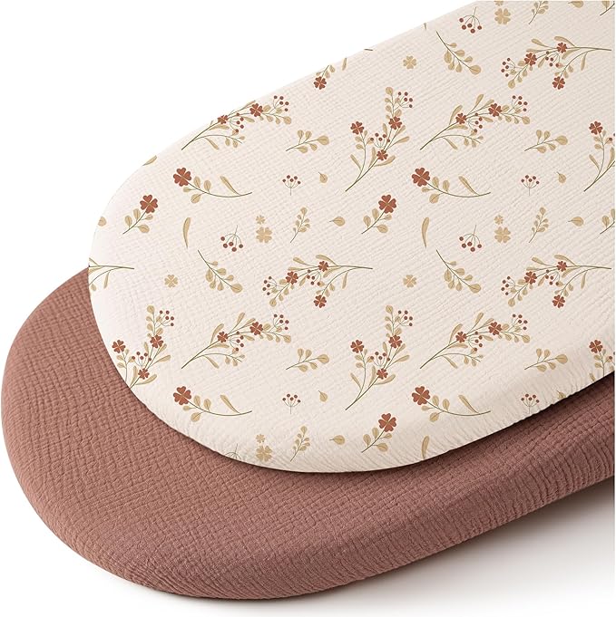 Konssy Muslin Bassinet Sheets for Baby Girl Boy, 2 Pack Soft Breathable Baby Bassinet Mattress Sheets Fit for Hourglass Oval Cradle, Moses Basket Rectangle Mattress (Chestnut, Posy)