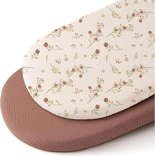Konssy Muslin Bassinet Sheets for Baby Girl Boy, 2 Pack Soft Breathable Baby Bassinet Mattress Sheets Fit for Hourglass Oval Cradle, Moses Basket Rectangle Mattress (Chestnut, Posy)
