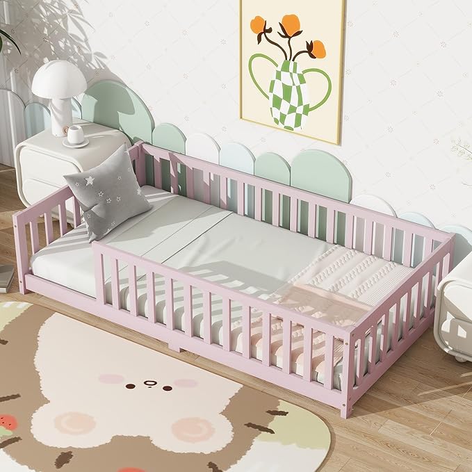 Ball & Cast Twin Size Montessori Floor Bed,Wooden Floor Bed Frame with Wood Slats,Montessori Toddler Bedframe W/Door and Safety Guardrails for Girls Boys,Bedroom,Playroom,No Box Spring Needed,Pink