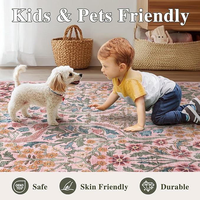 5x7 Washable Area Rug for Living Room, Floral Non-Slip Non-Shedding & Easy Care, Soft Low Pile Forest Boho Indoor Floor Carpet for Living Room, Bedroom, Farmhouse, Dining Room, Kids Playroom, Pink