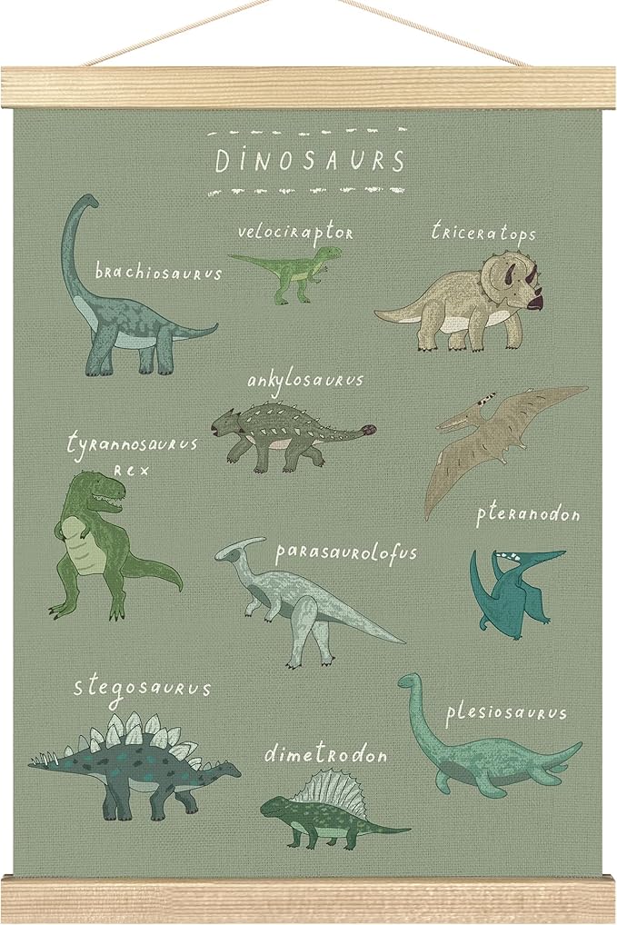 BCUANGD Dinosaur Dino Wall Decor - Light GreenBaby Toddler Boys Room Wall Art Poster Hanger with Wood Frames, Inspirational Wall Hanging Canvas Decor for Kids Room Nursery Bedroom, 12x16 Inches
