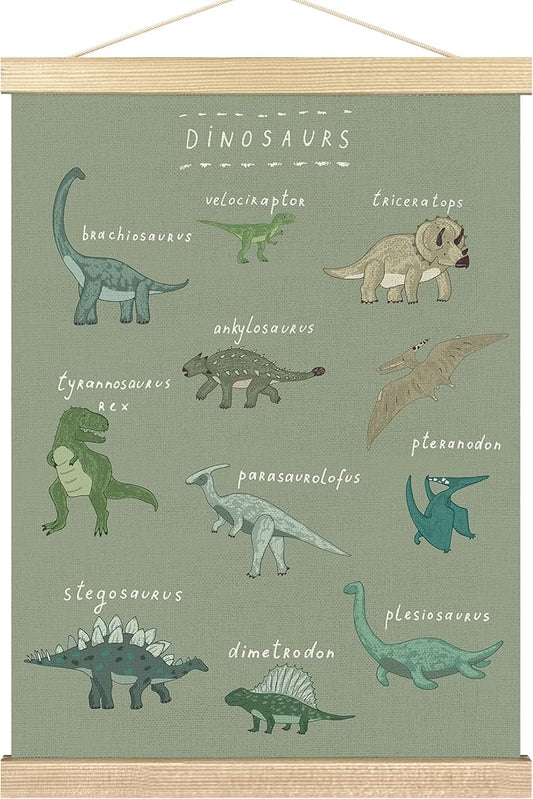 BCUANGD Dinosaur Dino Wall Decor - Light GreenBaby Toddler Boys Room Wall Art Poster Hanger with Wood Frames, Inspirational Wall Hanging Canvas Decor for Kids Room Nursery Bedroom, 12x16 Inches